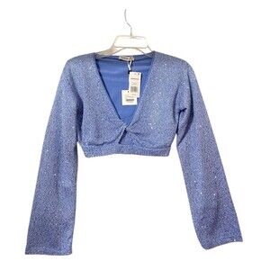 Simkhai Knit Top S Blue Metalic V-neck long Sleeve Fairy Festive Party Glam $325